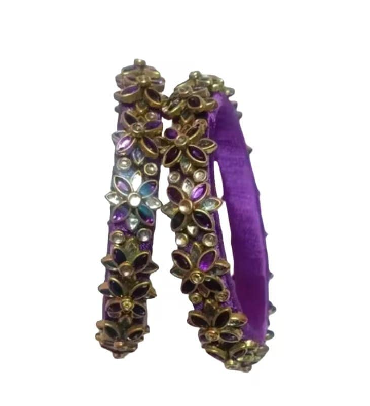 Exquisite Purple and Gold Floral Bangle Set with Sparkling Stones view 2