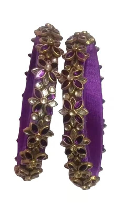 Exquisite Purple and Gold Floral Bangle Set with Sparkling Stones view 3