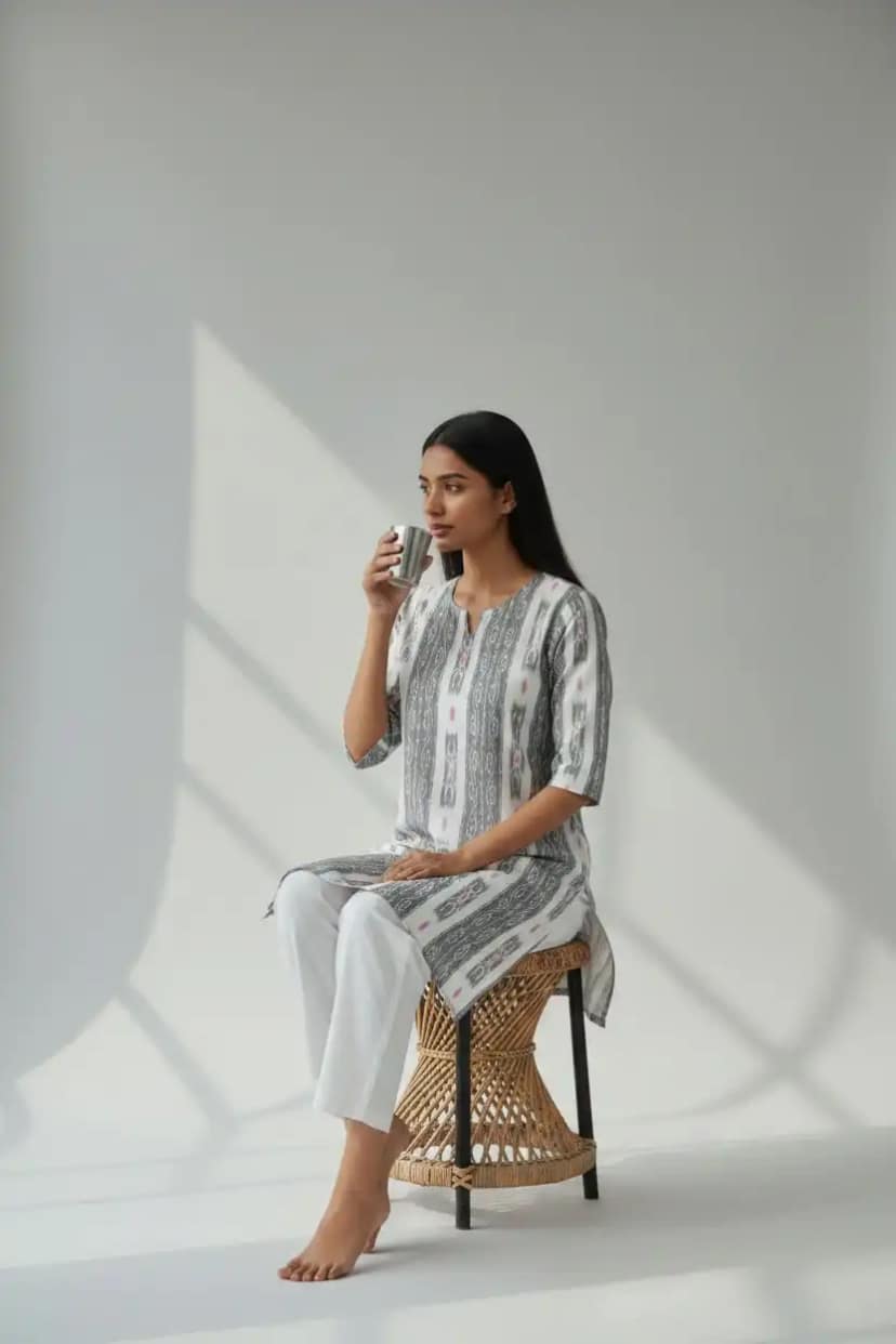 Handwoven Sambalpuri Cotton Kurti in Grey and White Bandhakala Ikat view 4