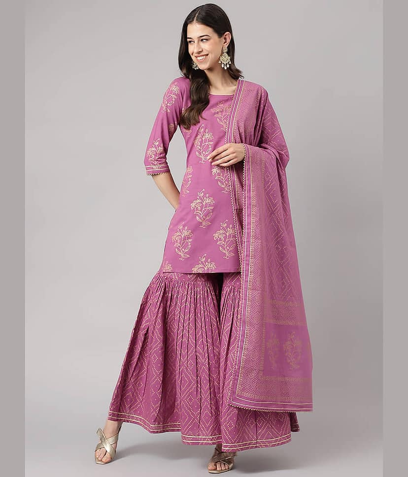 Divena Women Cotton Printed Straight Kurti With Sharara And Gharara ( Purple )