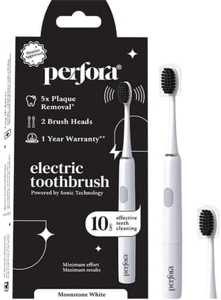 Perfora Electric Toothbrush, 2 Modes, AAA Powered, 2 Brush Heads, 90 Days Battery Life | 1 Year Warranty | Electric Brush, Electric Toothbrush For Men, Women & Kids, 002 - Moonstone White