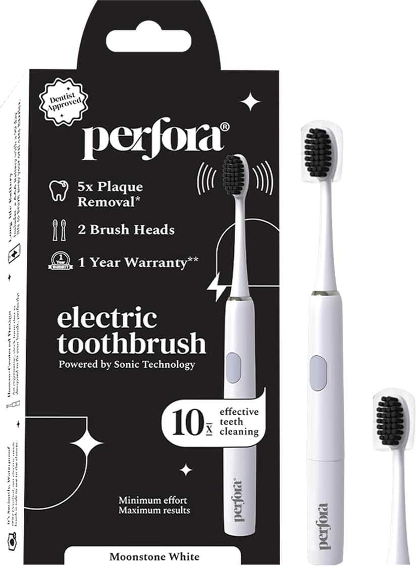 Perfora Electric Toothbrush, 2 Modes, AAA Powered, 2 Brush Heads, 90 Days Battery Life | 1 Year Warranty | Electric Brush, Electric Toothbrush For Men, Women & Kids, 002 - Moonstone White