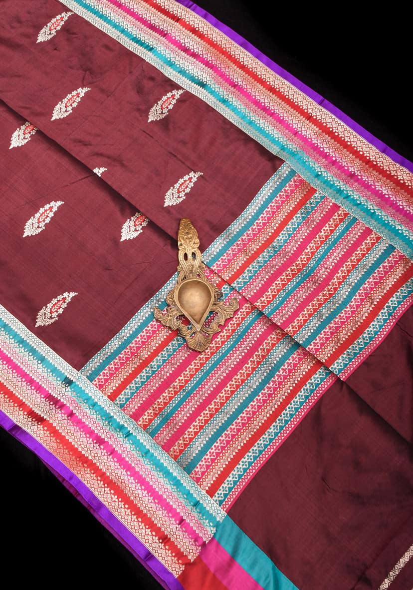Multicolor Border Brown Pure Banarasi Katan Silk Saree with Meenakari Buttas | SILK MARK CERTIFIED view 2