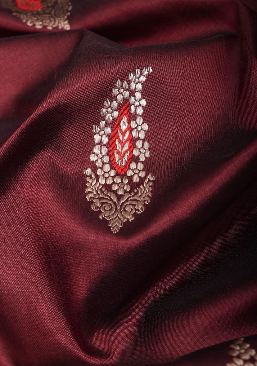 Multicolor Border Brown Pure Banarasi Katan Silk Saree with Meenakari Buttas | SILK MARK CERTIFIED view 4