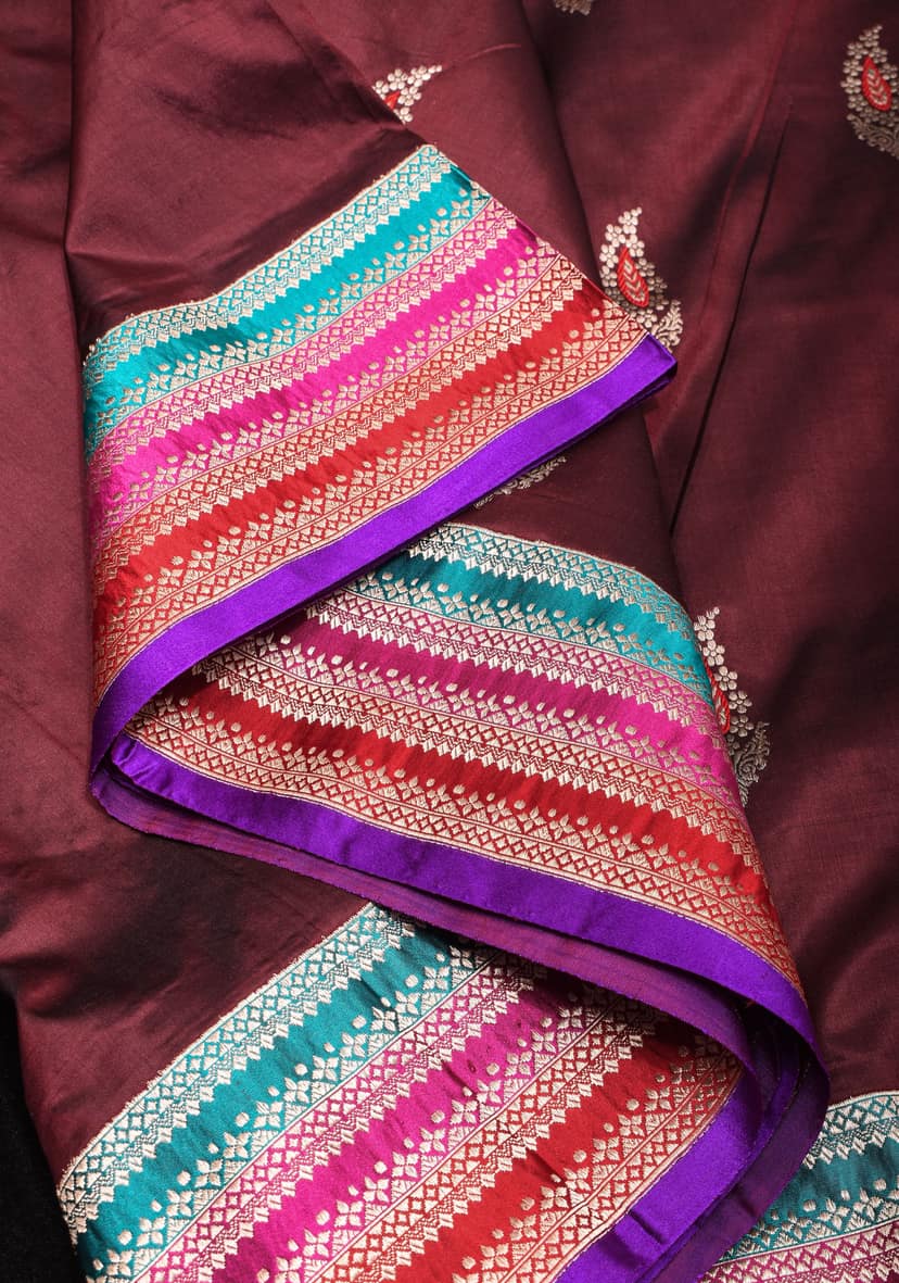 Multicolor Border Brown Pure Banarasi Katan Silk Saree with Meenakari Buttas | SILK MARK CERTIFIED view 5