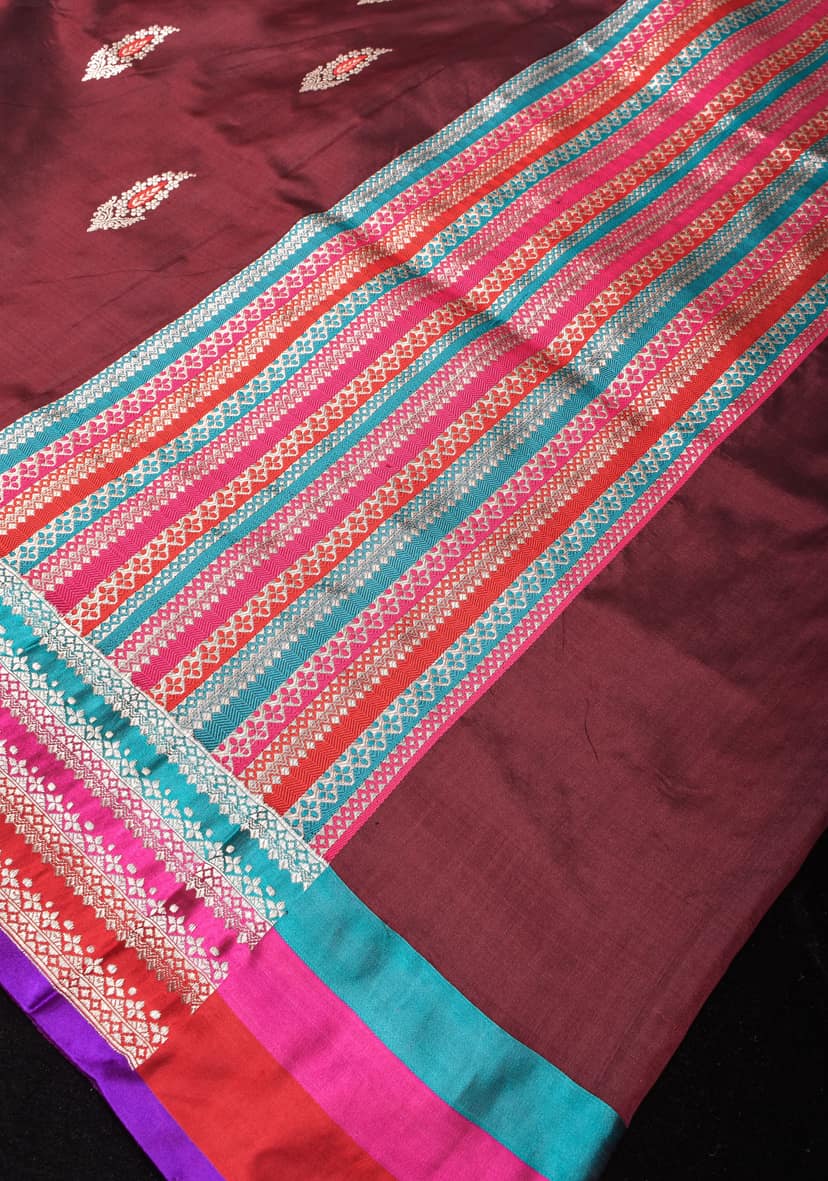 Multicolor Border Brown Pure Banarasi Katan Silk Saree with Meenakari Buttas | SILK MARK CERTIFIED view 7
