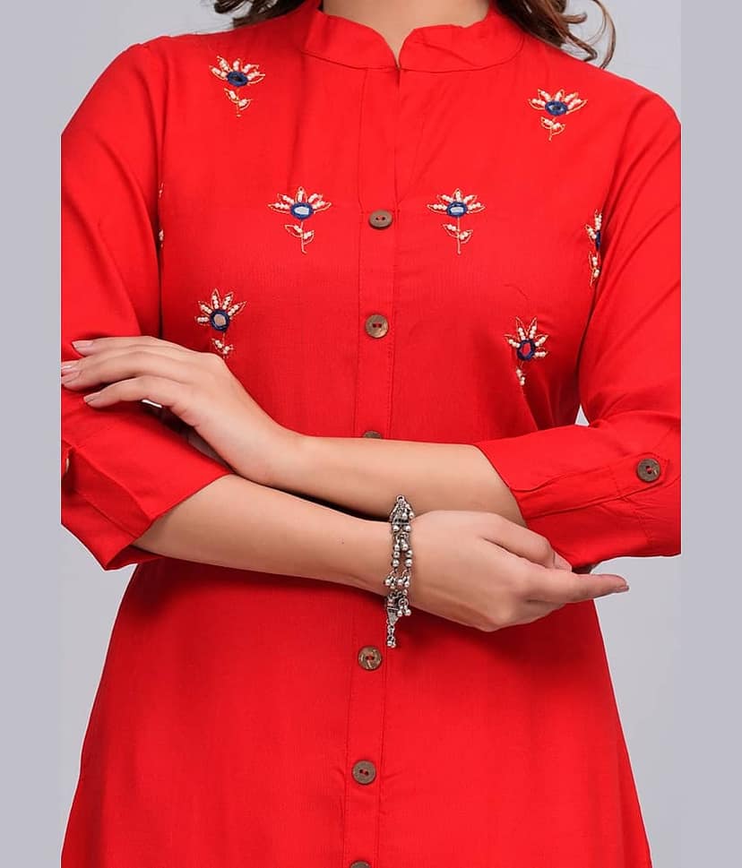 MAUKA Rayon Embroidered Front Slit Women's Kurti - Red ( Pack of 1 ) view 2
