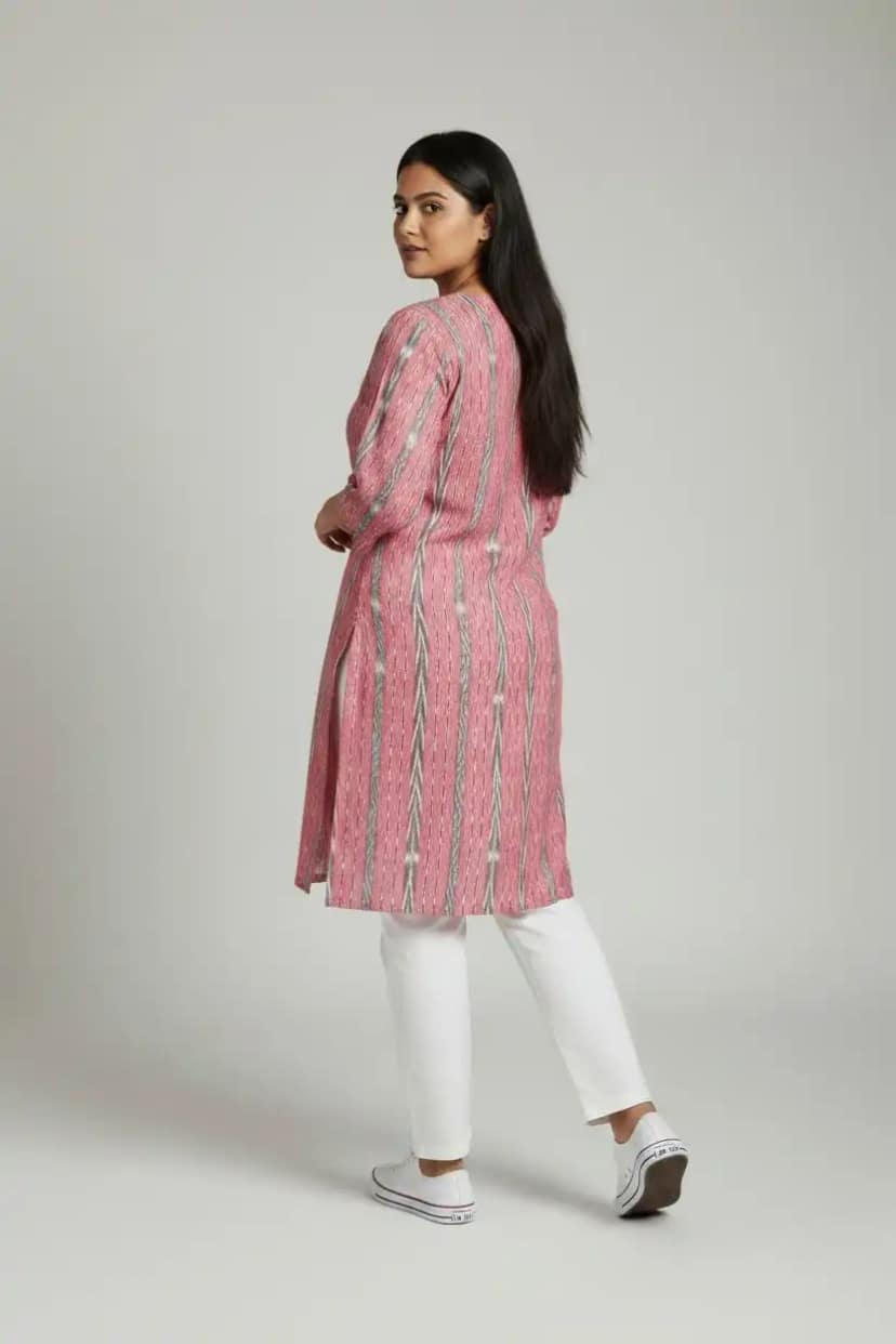 Handloom Sambalpuri Cotton Kurti in Pink with Bandhakala Tie-Dye view 3