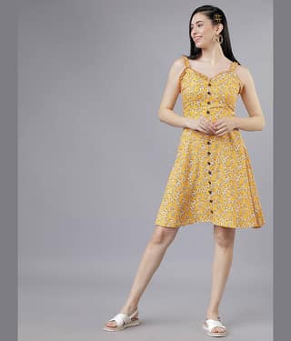 Tokyo Talkies Women Viscose Printed Fit & Flare Dress ( Yellow )