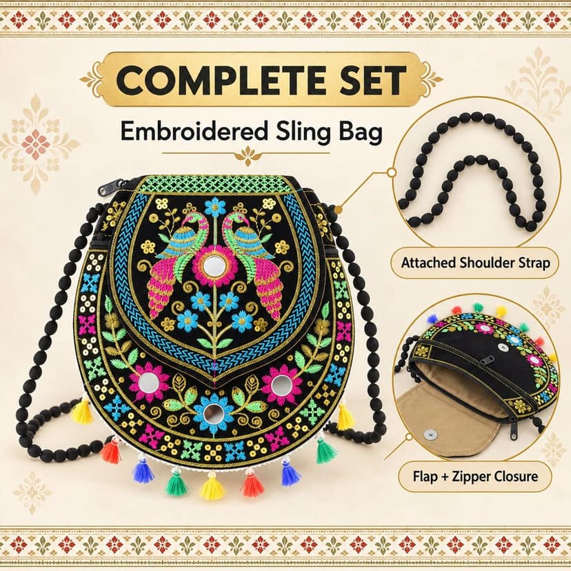 Traditional Peacock Embroidered Sling Jute Purse with Tassels (1 Pc, 25x25 Cm) view 2