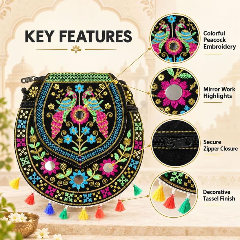 Traditional Peacock Embroidered Sling Jute Purse with Tassels (1 Pc, 25x25 Cm) view 3