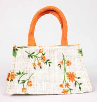 Floral Jute Tote Bag with Orange Handles