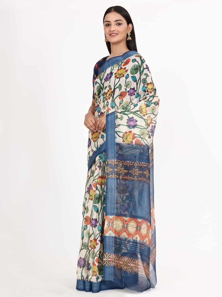 Women's Linen Floral Print Multicolor Saree view 3