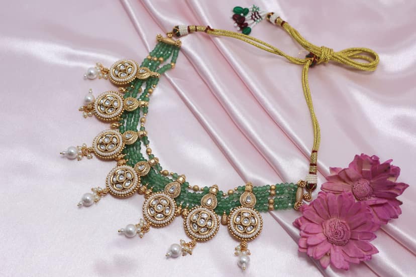 Kundan & Pearl Gold-Plated Green Beaded Choker Necklace Set with Earrings view 2