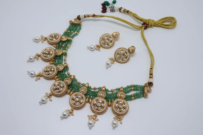 Kundan & Pearl Gold-Plated Green Beaded Choker Necklace Set with Earrings view 4