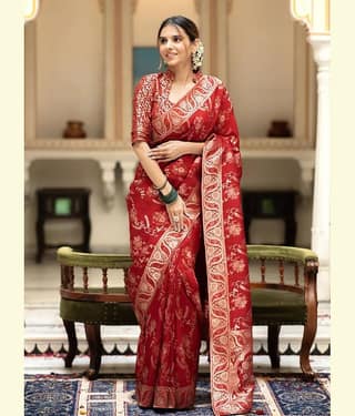 YUG ART Banarasi Silk Embellished Saree With Unstitched Blouse Piece ( Rama )