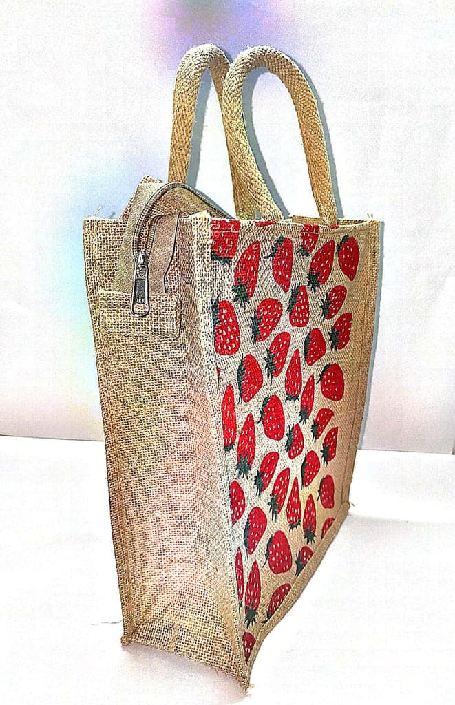 Strawberry Print Jute Tote Bag view 2