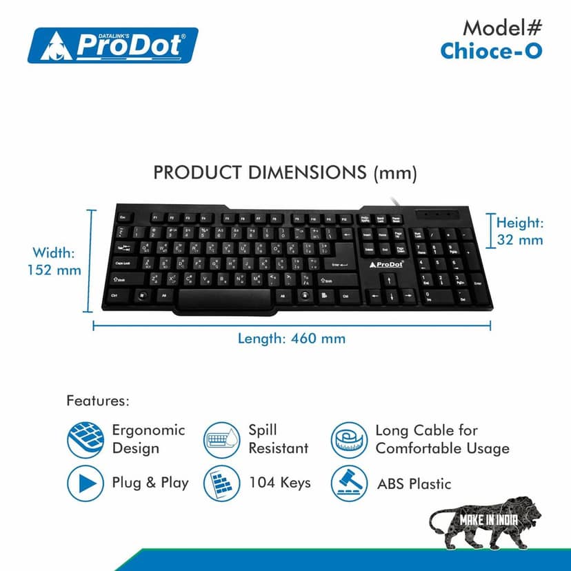 ProDot KB-Choice QWERTY �Made in India� Keyboard with 104 Low Profile Keys, Spill Resistant Design for Windows, Mac, PC, Laptop view 3