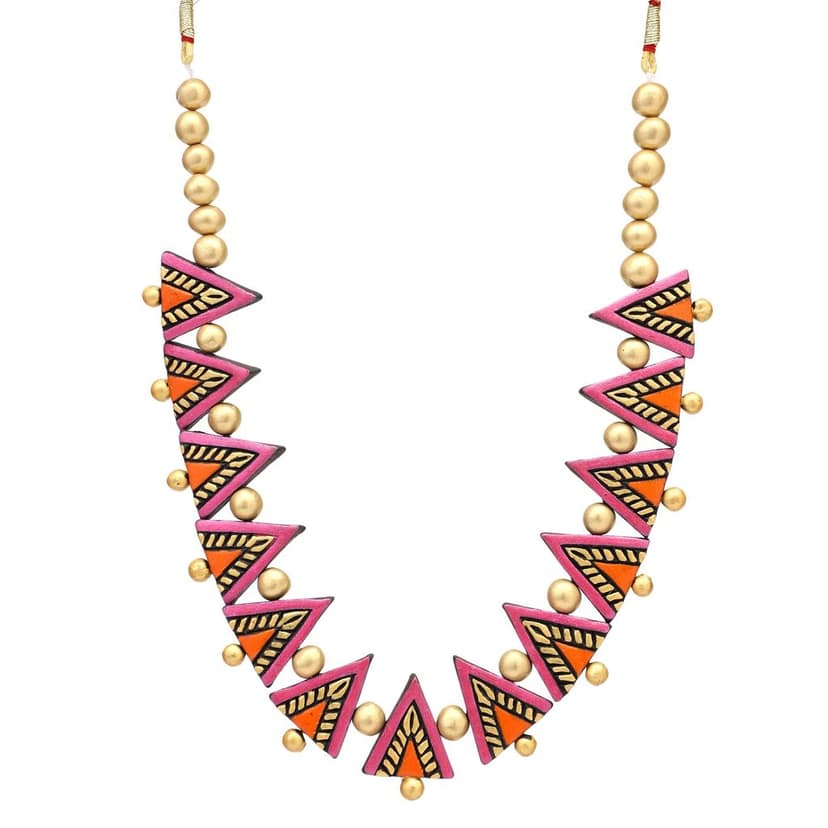 Le bijouxistic EKAM EK Pink and ornage broken design necklace set with earrinsg for women view 4