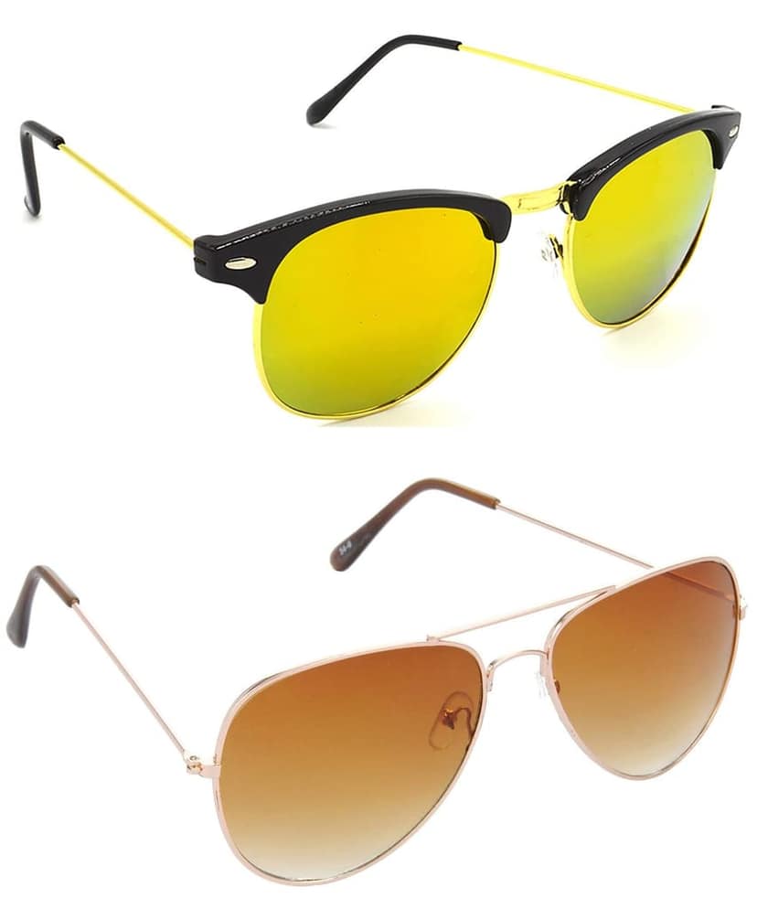 Hrinkar Unisex Rectangle Sunglasses Golden Frame, Golden & Brown Lens (Medium) - Pack of 2