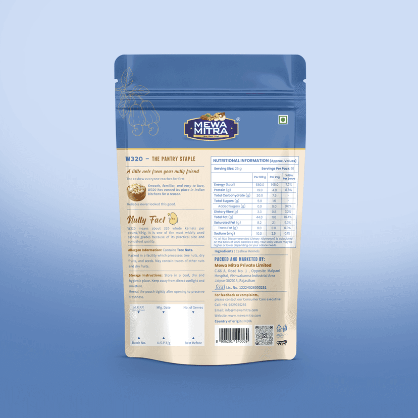 Mewa Mitra Prime Cashews W320 250g | Premium Whole Kaju | Natural High Protein Dry Fruits view 2