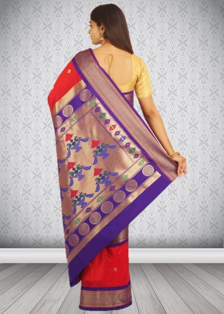 Pinkish Red Semi Silk Paithani Saree view 2