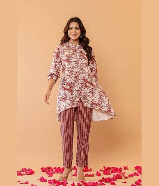 Flamboyant Women Printed Top With Trousers Co-Ord Set ( Brown )