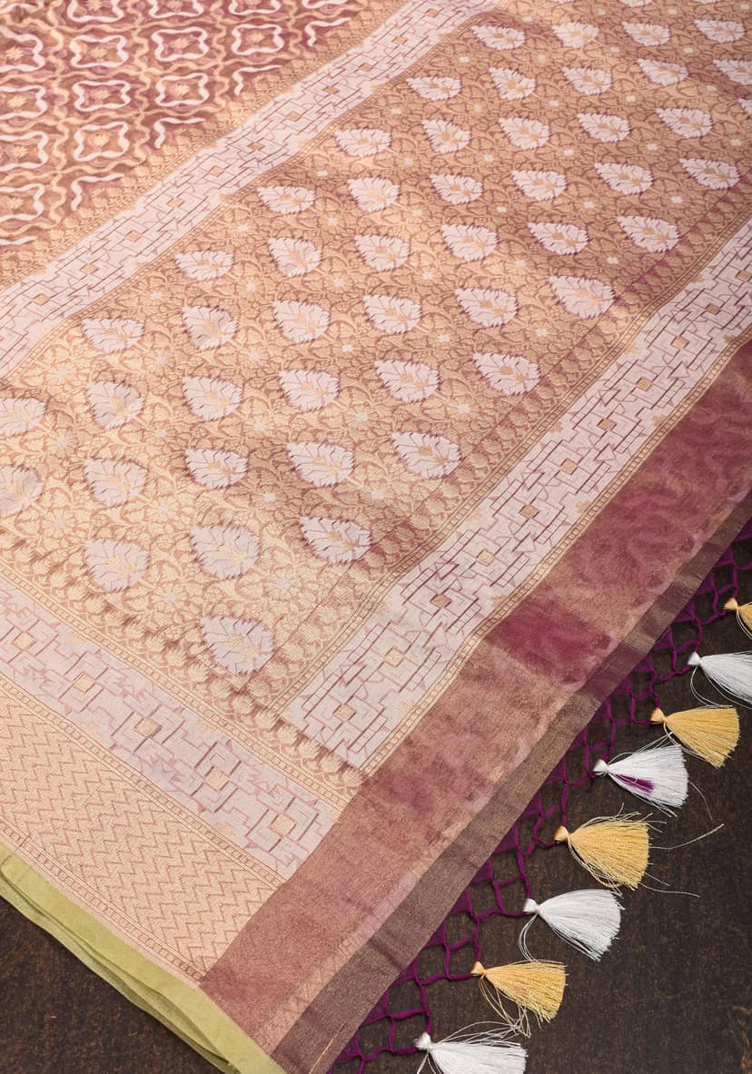 Banarasi Brocade Pure Handwoven Kora Tissue Saree in Purple and Gold | SILK MARK CERTIFIED view 5
