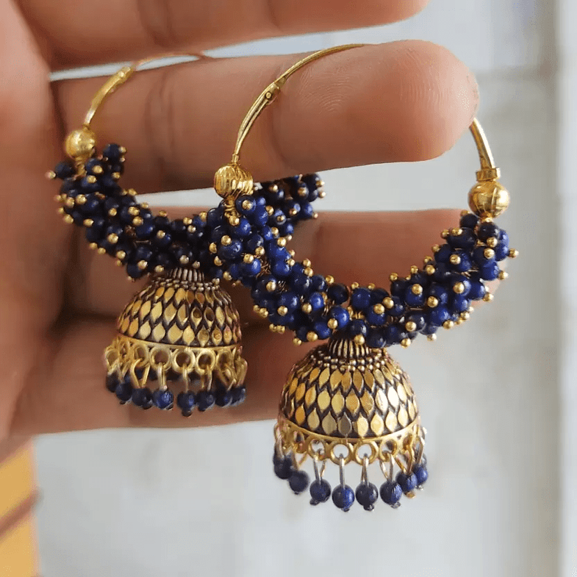 Trditional Ethnic Long and Layered Blue color Oxidised Bali Earrings for Women Alloy Jhumki Earring, Drops & Danglers, Chandbali Earring, Earring Set view 2