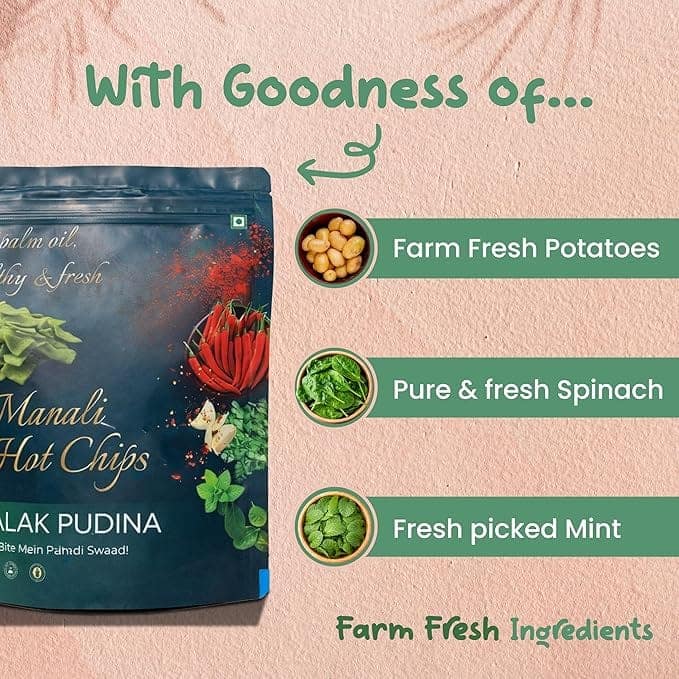 Manali Hot Chips Organic Potato Wafers Palak Pudina Flavor 55g | Farm Fresh Thin & Crunchy Crispy Snack | No Palm Oil(Pack of 2) view 3