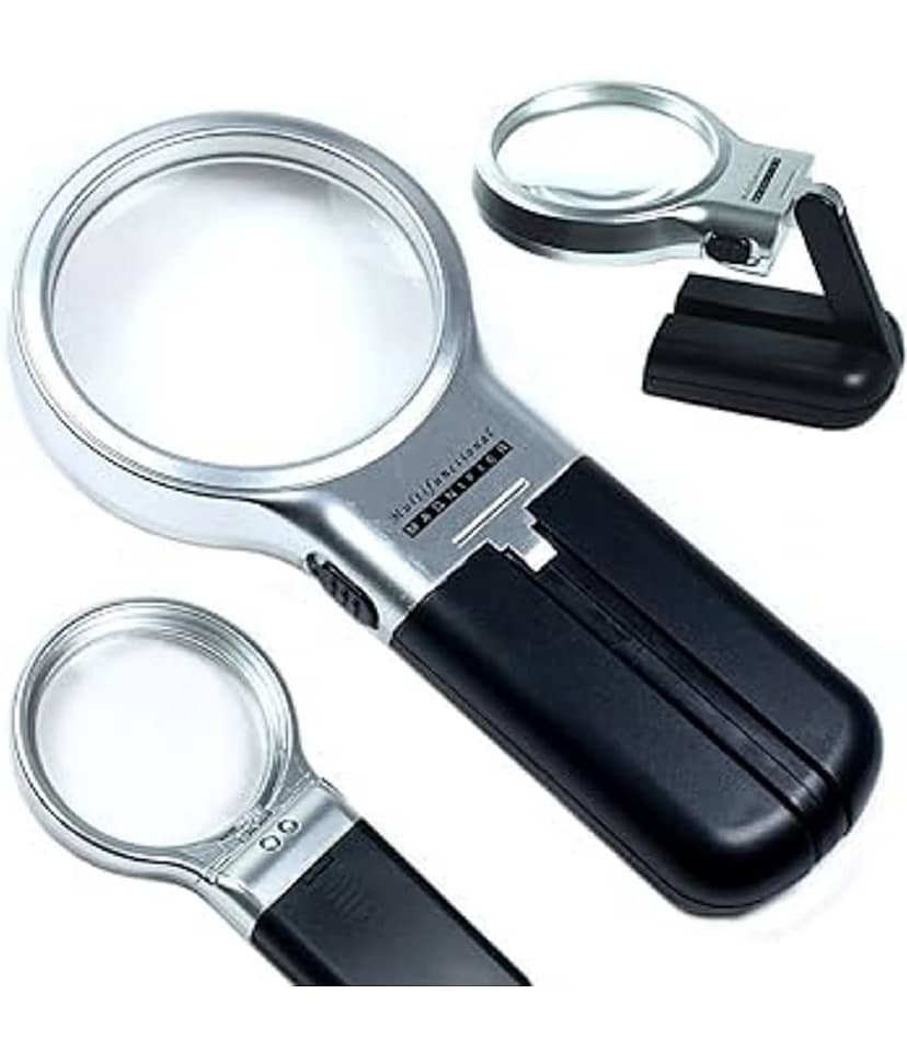 Multifunctional 3-In-1 Hand-Held Folding Lighted High-Powered Magnifier Glass With 3X Zoom & 2 LED Lights