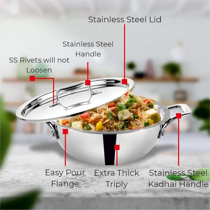 Baltra Stainless Steel Kadhai with Lid, Sandwich Bottom, Induction and Gas Compatible - 2.5L, 24cm view 3
