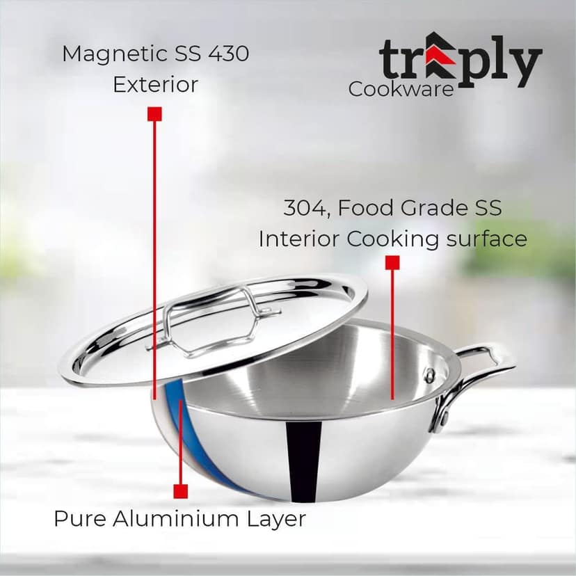 Baltra Stainless Steel Kadhai with Lid, Sandwich Bottom, Induction and Gas Compatible - 2.5L, 24cm view 4