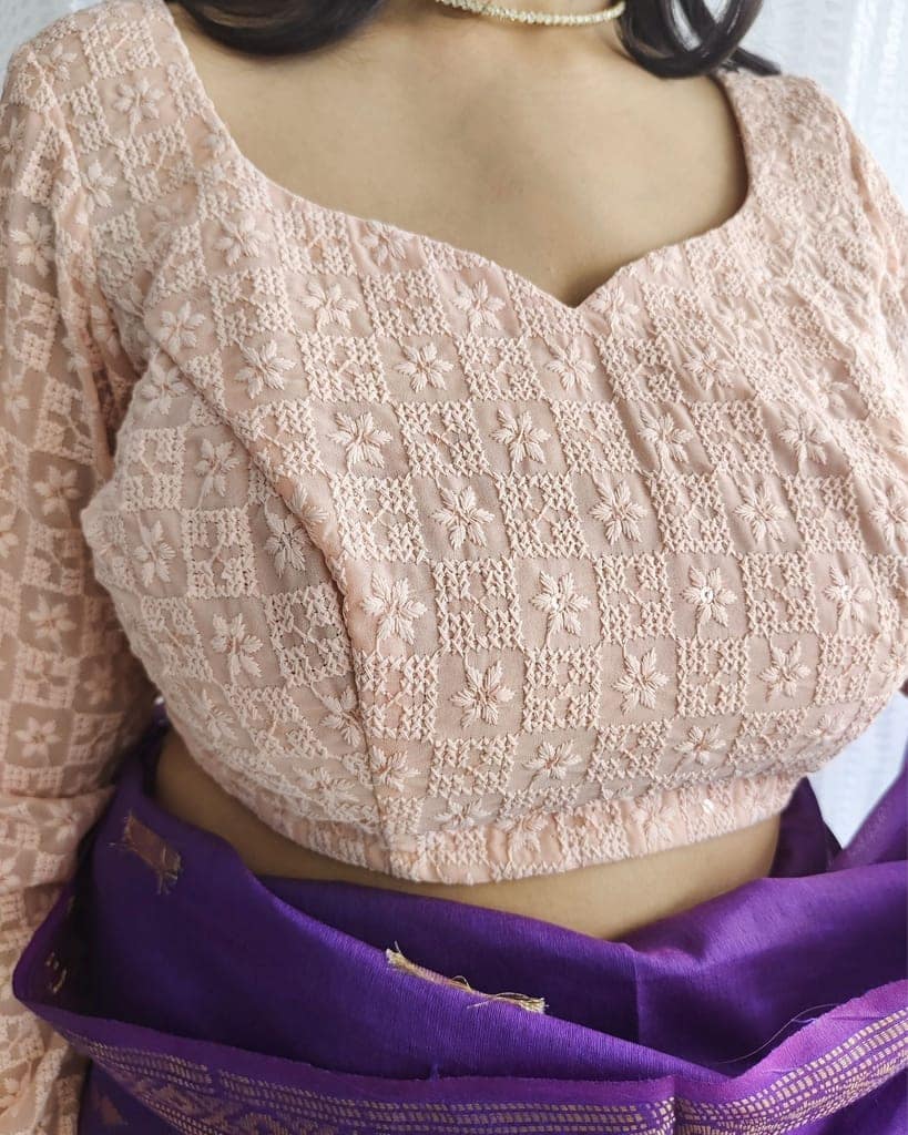 Chiffon Stitched Blouse Peach Color with Heavy Chikenkari Embroidery-9154 view 2