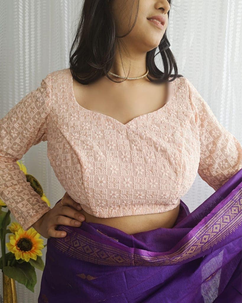 Chiffon Stitched Blouse Peach Color with Heavy Chikenkari Embroidery-9154 view 4