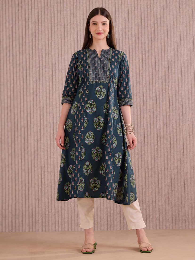 Navy Blue Cotton Printed Flared Kali Cut Kurthi With Embroidery