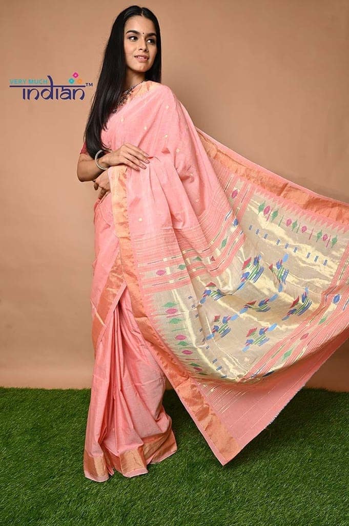 Cotton Paithani - Handloom Fresh Peach Paithani with Traditional Double Pallu view 3