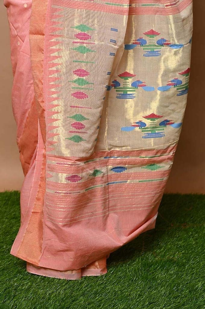 Cotton Paithani - Handloom Fresh Peach Paithani with Traditional Double Pallu view 4