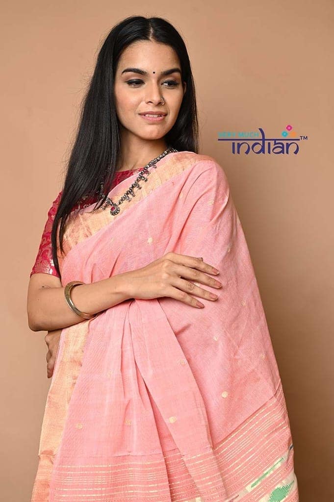 Cotton Paithani - Handloom Fresh Peach Paithani with Traditional Double Pallu view 5