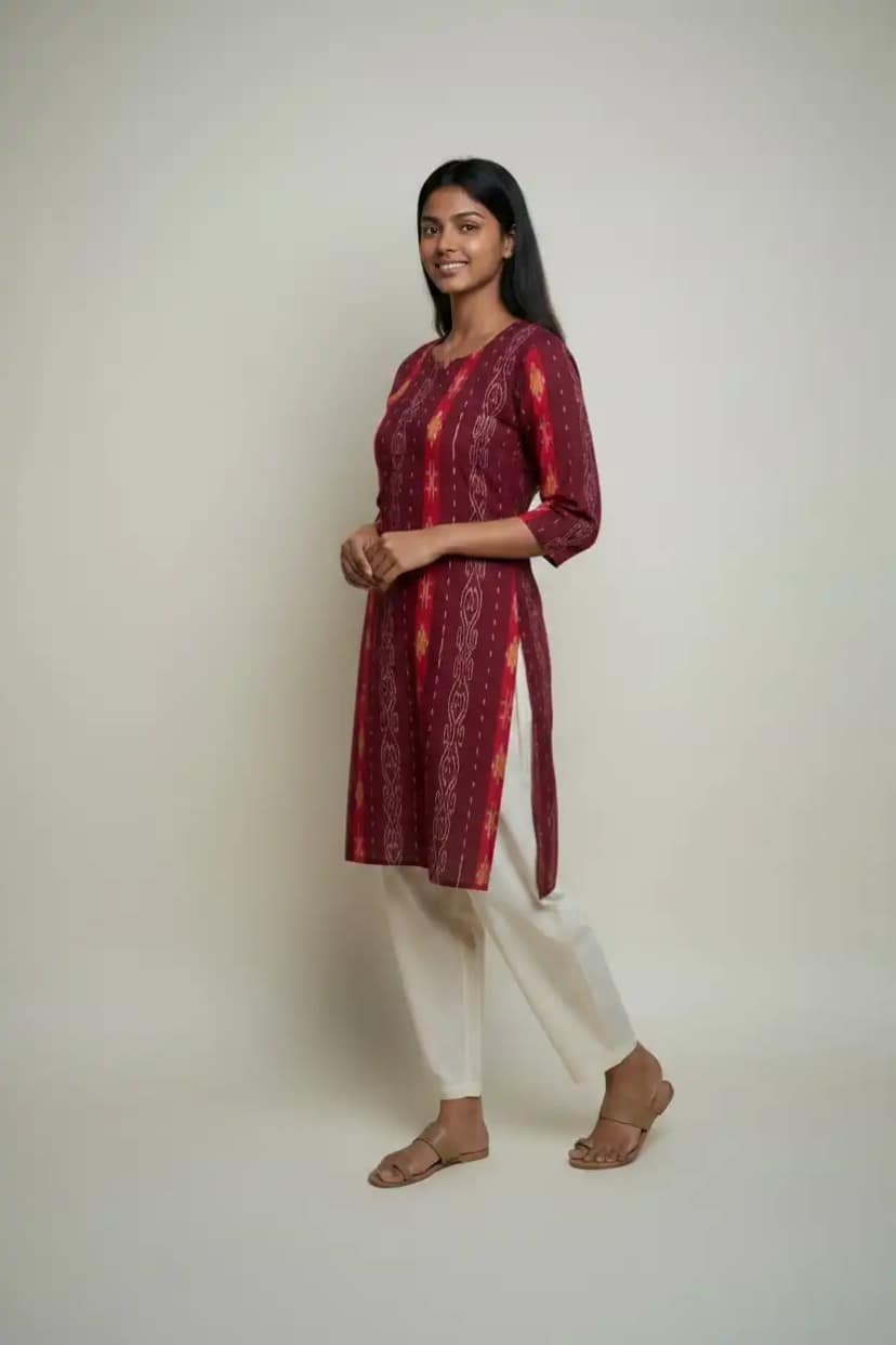 Handwoven Sambalpuri Cotton Kurti in Red with Bandha Tie-Dye view 3