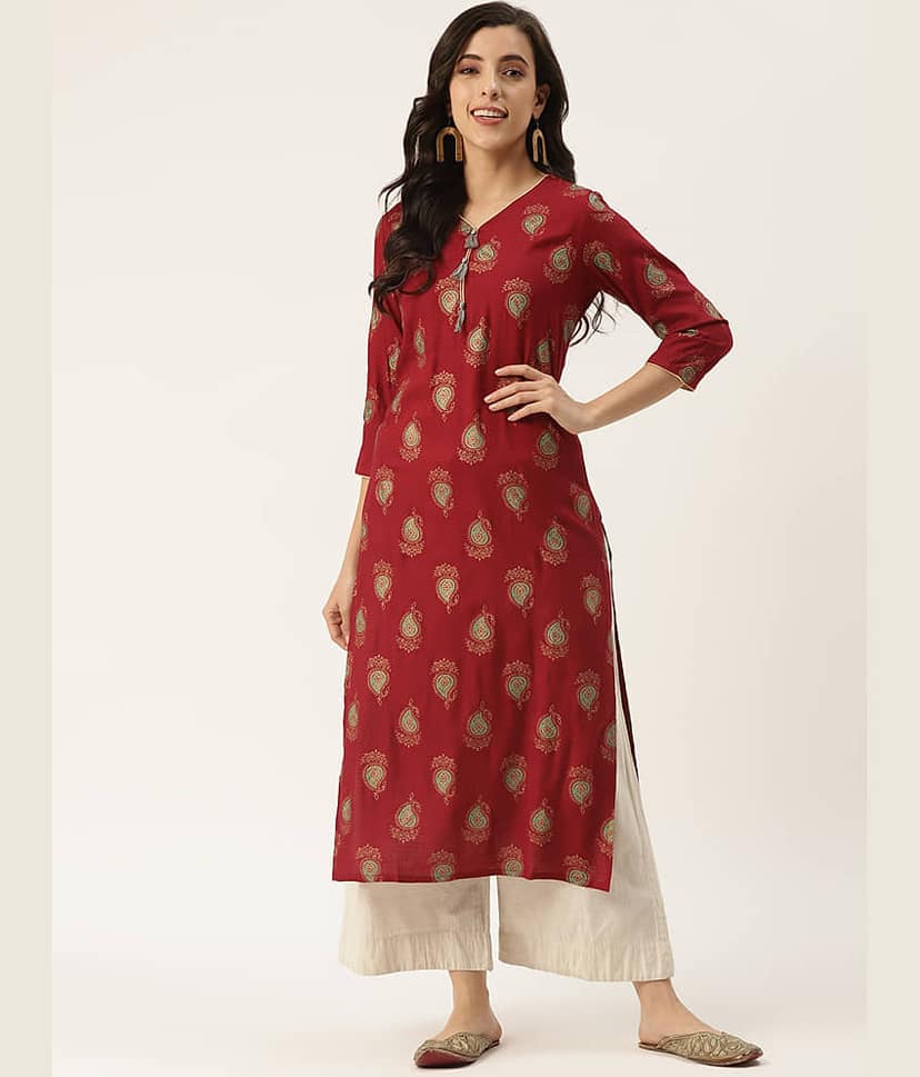 HISHAM - Maroon Rayon Women's Straight Kurti ( Pack of 1 )