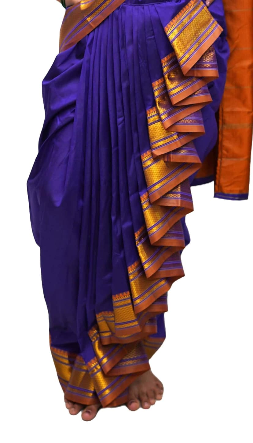 luster Shahi Mastani Nauvari saree for kids/girls Ready-to-wear with a stitched blouse, Traditional Maharashtrian Marathi saree, for School program ganpati pujas festival (Navy Blue, 5-6 Years) view 2