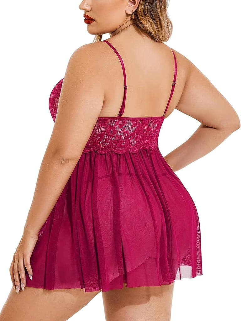FASHION BONES - Babydoll Honeymoon First Night Dress For Plus Size Women With G-String Panty Lingerie Wear- Wine Color 1pc
