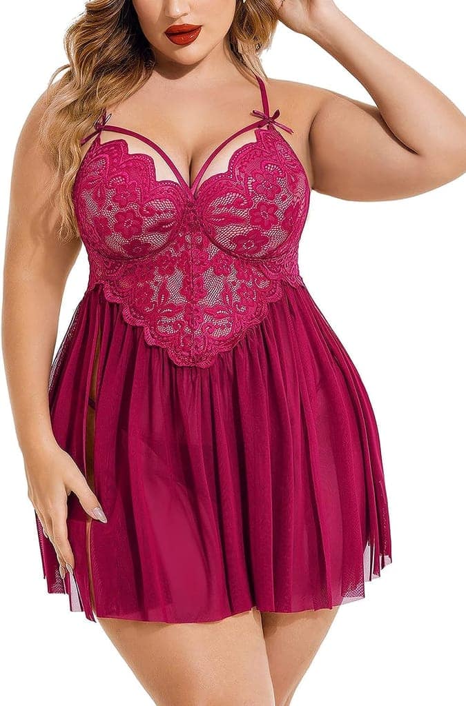 FASHION BONES - Babydoll Honeymoon First Night Dress For Plus Size Women With G-String Panty Lingerie Wear- Wine Color 1pc view 2