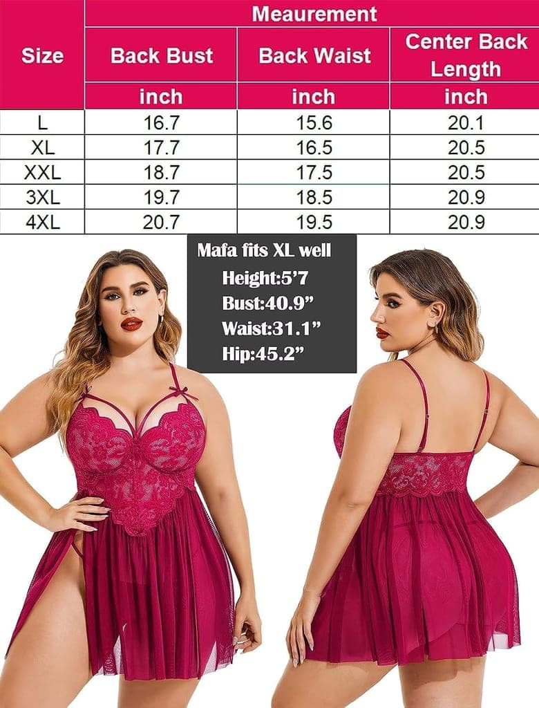 FASHION BONES - Babydoll Honeymoon First Night Dress For Plus Size Women With G-String Panty Lingerie Wear- Wine Color 1pc view 5