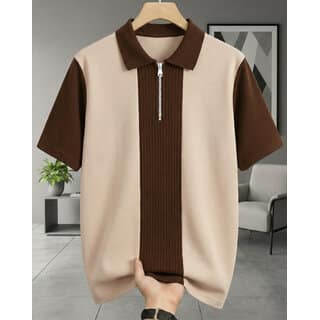Ausk Mens Off White, Brown Graphic Print Cotton Blend Polo Collar T-Shirt
