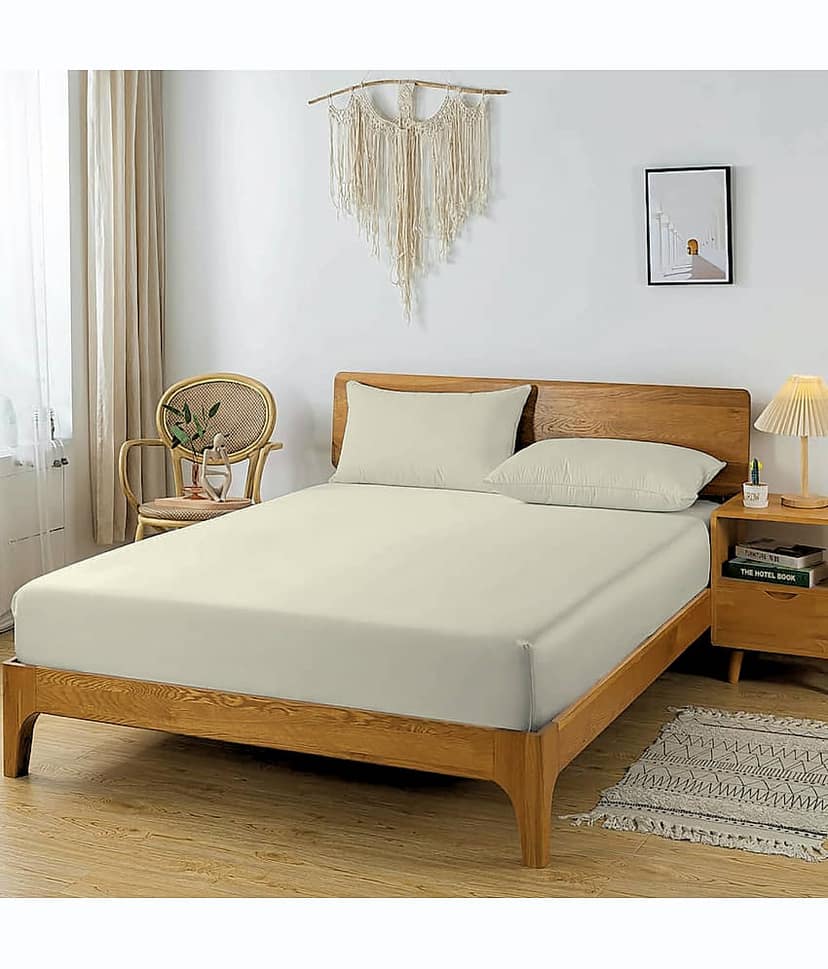 Apala Microfibre Solid Fitted 1 Bedsheet with 2 Pillow Covers ( King Size ) - Cream view 2