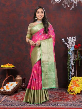 Yavira silk Women's Pink Handwoven Silk Saree