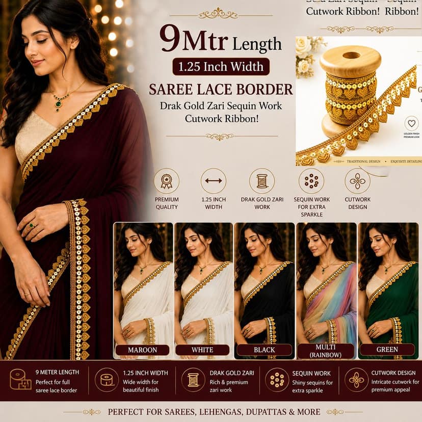 Gota Patti Flower Lace/Sarees Laces Border/Golden Laces/ Silver Lace/ Sequnce Lace-1.25 inch width 9Mtr view 3
