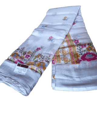 White Floral Saree with Multicolor Border